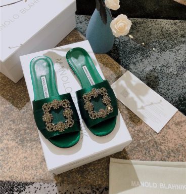 Manolo Blahnik silk slippers green
